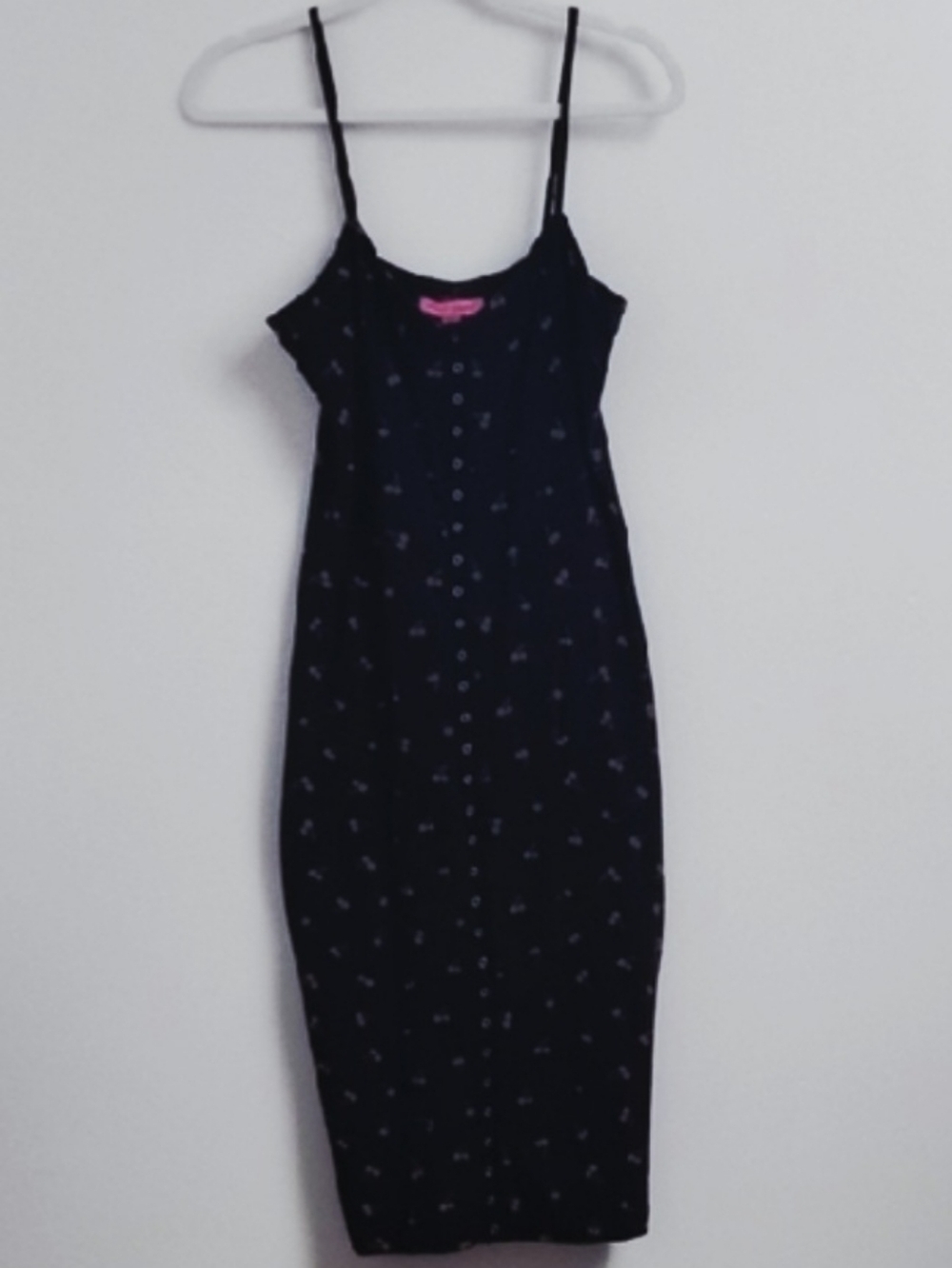 Vintage Betsey Johnson Retro Style Black Cherry Print Snap Front Bodycon Dress